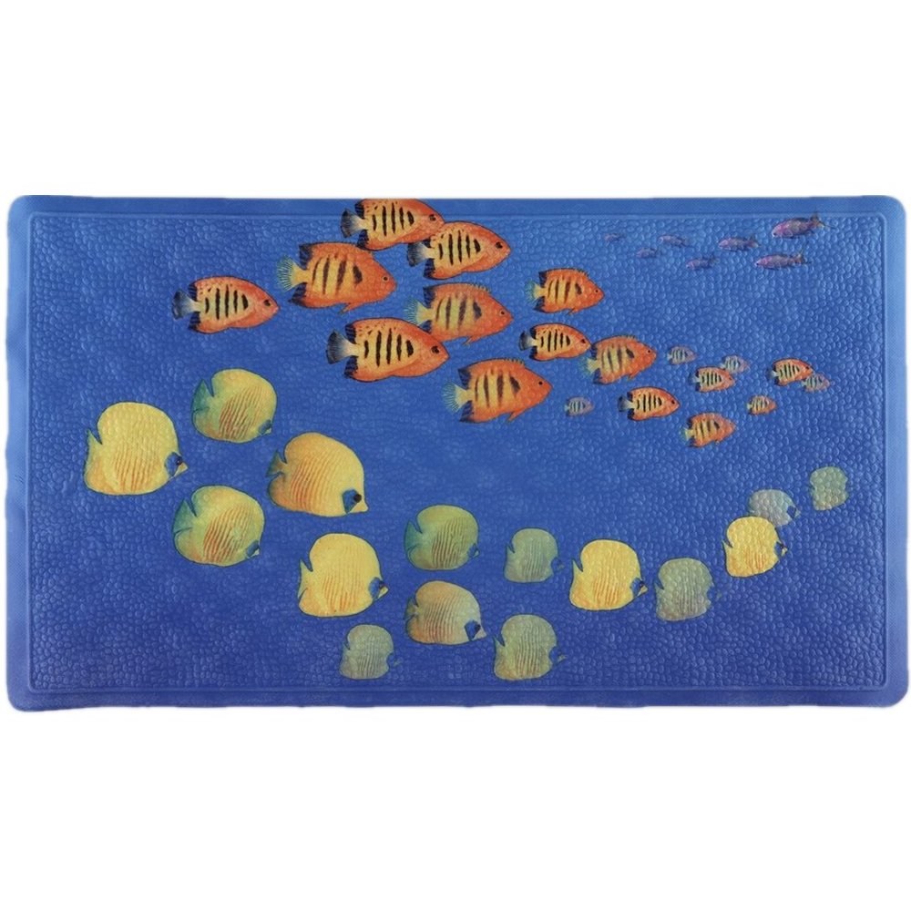 blue retangular bath mat featrung a photographic image of ya school of yellow fish below a school of orange fish