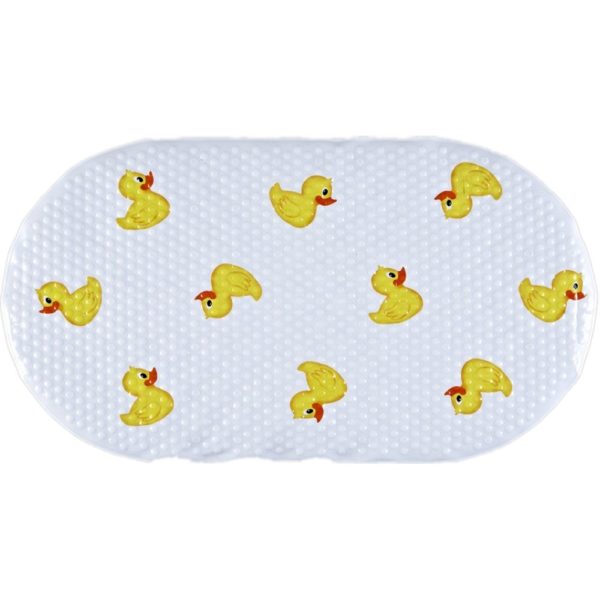 oval white bath mat featuring images of yellow rubber ducks with orange beak