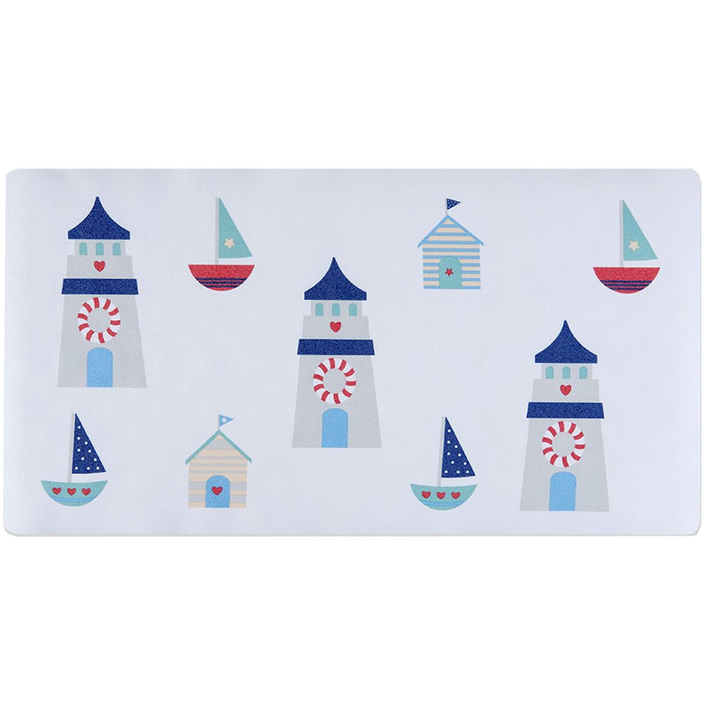 white bath mat with illustration style images of lighthouses, huts and sailboats