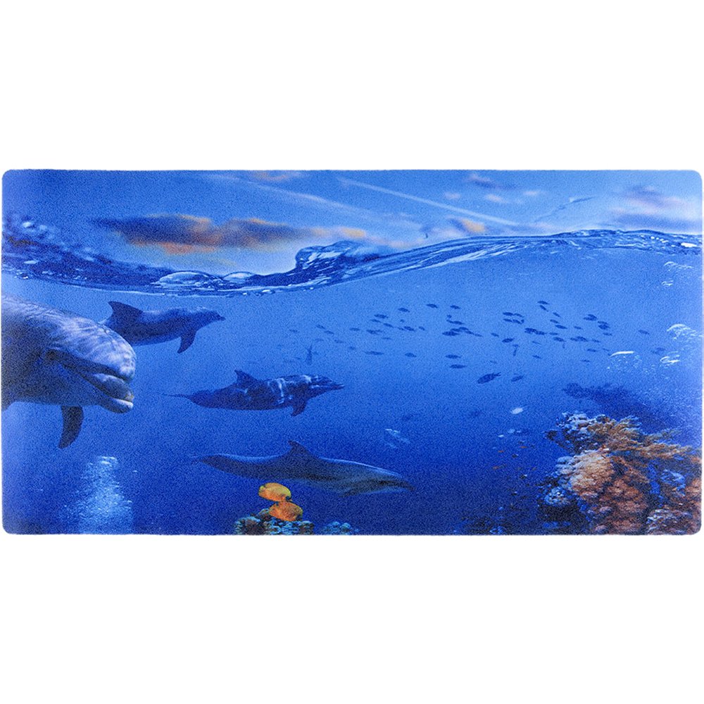 blue, rectangular bath mat with a photographic style design featuring an underwater scene with dolphins and fish