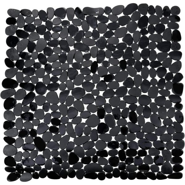 square, plastic shower mat composed of black pebble shapes