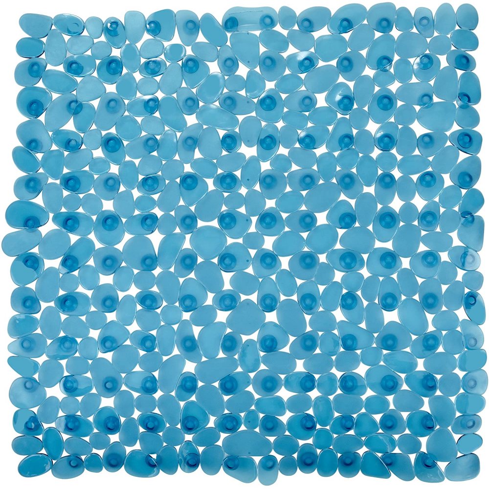 square, plastic shower mat composed of petrol blue pebble shapes