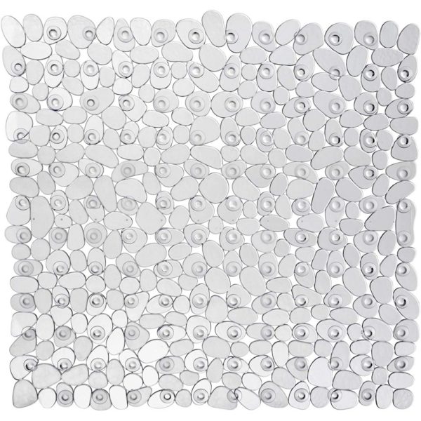square, plastic shower mat composed of transparent pebble shapes