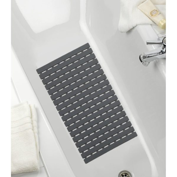 Dark grey plastic, rectangular bath mat in a slatted design shown in situ within a white bathtub