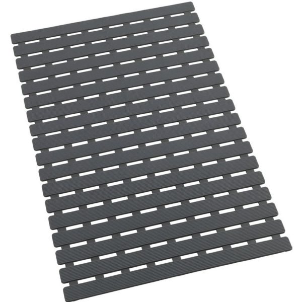Dark grey plastic, rectangular bath mat in a slatted design