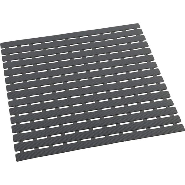 Dark grey plastic, square shower mat in a slatted design