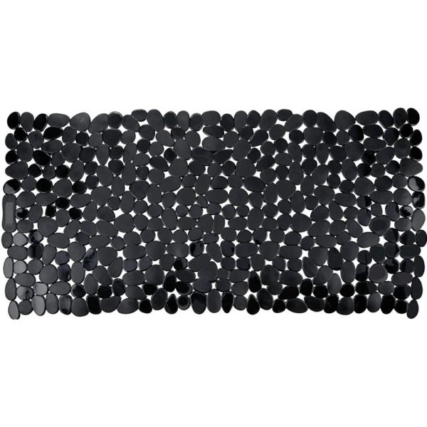 rectangular, plastic bath mat composed of black pebble shapes