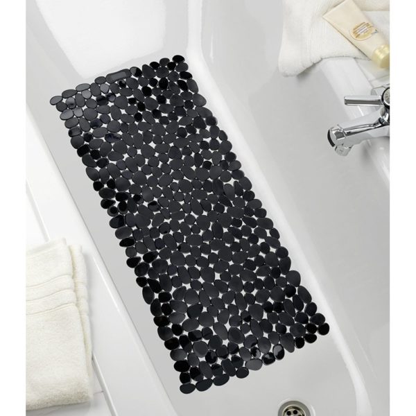 rectangular, plastic bath mat composed of black pebble shapes. It is centred in a white bathtub