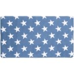 blue rectangular bath mat with a repeating white 5 point star pattern