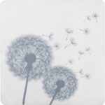 a white, square shower mat with grey silhouettes of two dandelion clocks with a few seeds being scattered