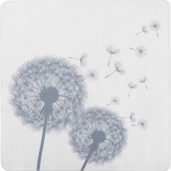 a white, square shower mat with grey silhouettes of two dandelion clocks with a few seeds being scattered