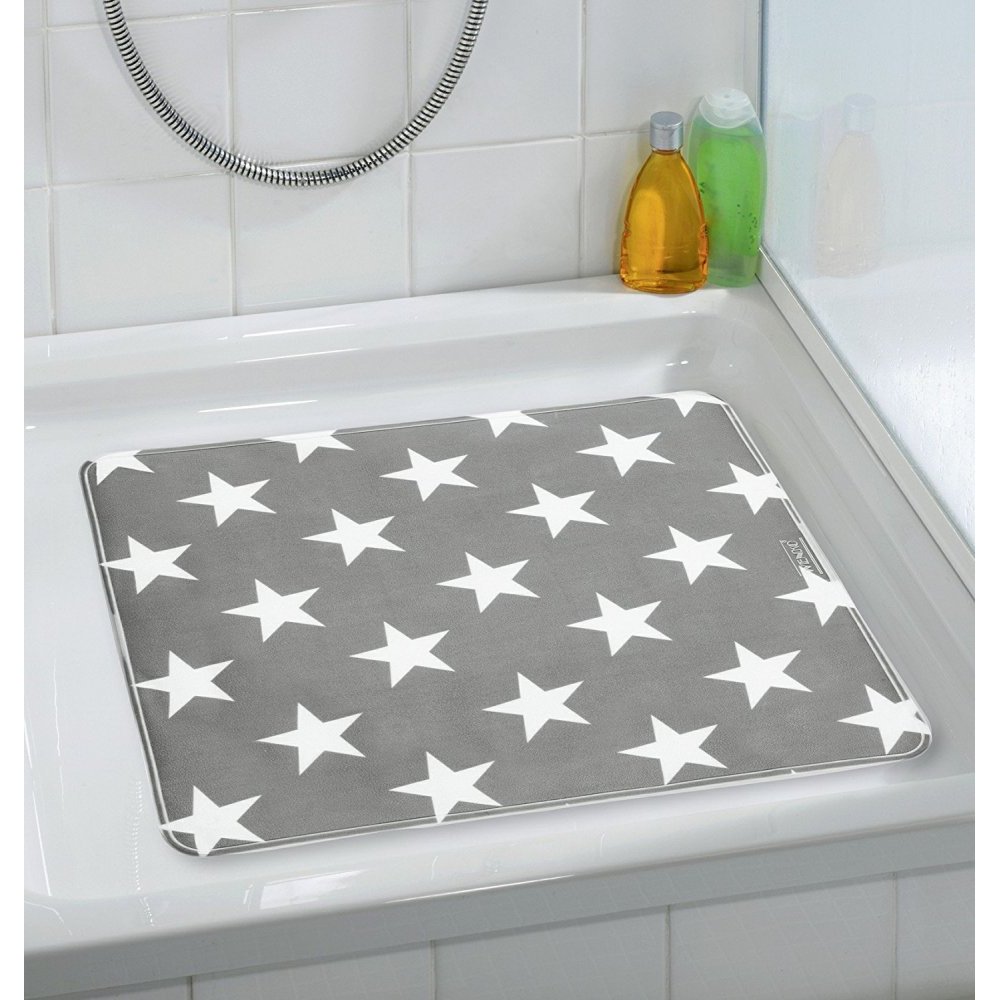 grey square shower mat with a repeating white 5 point star pattern in situ photo on a plain white, square shower tray in a white bathroom
