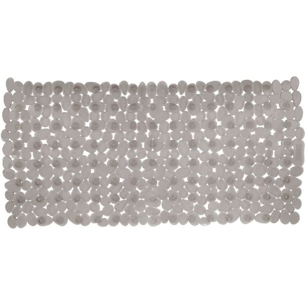 rectangular, plastic bath mat composed of taupe pebble shapes