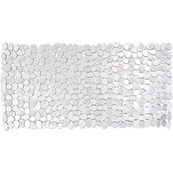 rectangular, plastic bath mat composed of transparent pebble shapes