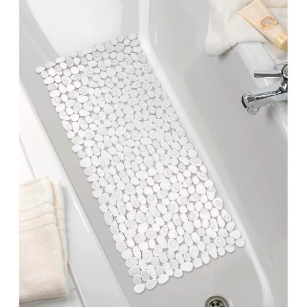 rectangular, plastic bath mat composed of transparent pebble shapes. It is centred in a white bathtub