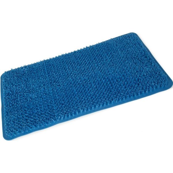 rectangular blue bath mat with soft, plastic bristles