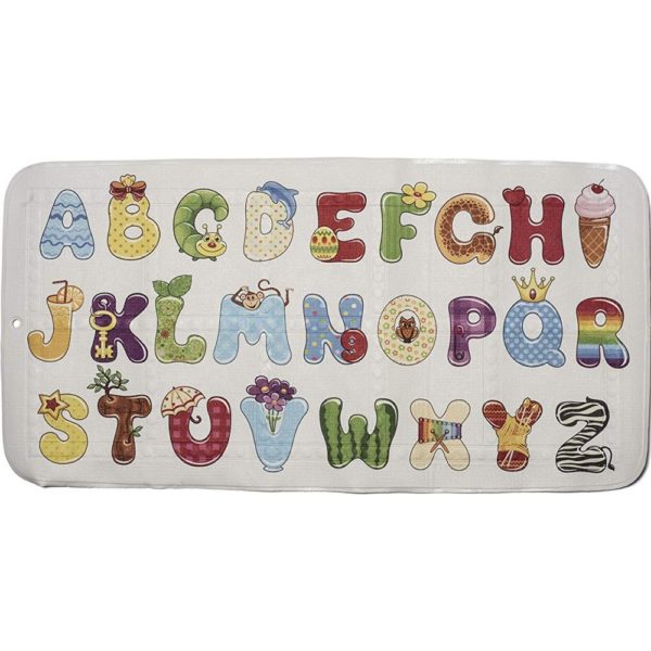 white bath mat featuring a colourful alphabet