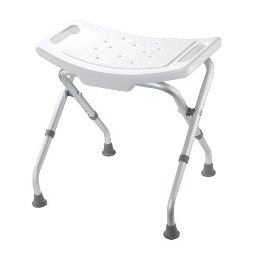 4 legged, foldable shower stool with a white seat and steel legs. The legs have black rubber feet.