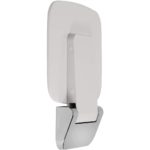 square white plastic shower seat with rounded corners on a chrome hinge. it is shown folded up