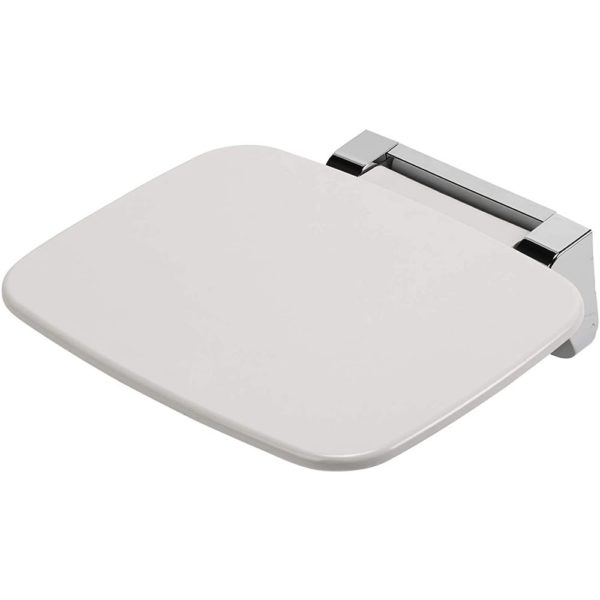 square white plastic shower seat with rounded corners on a chrome hinge. it is shown folded down.