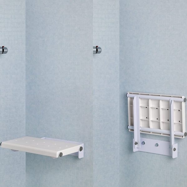 two images of a white folding shower seat in a grey tiled shower area. the left hand image shows the seat folded down. the right hand image shows the seat in the folded up position