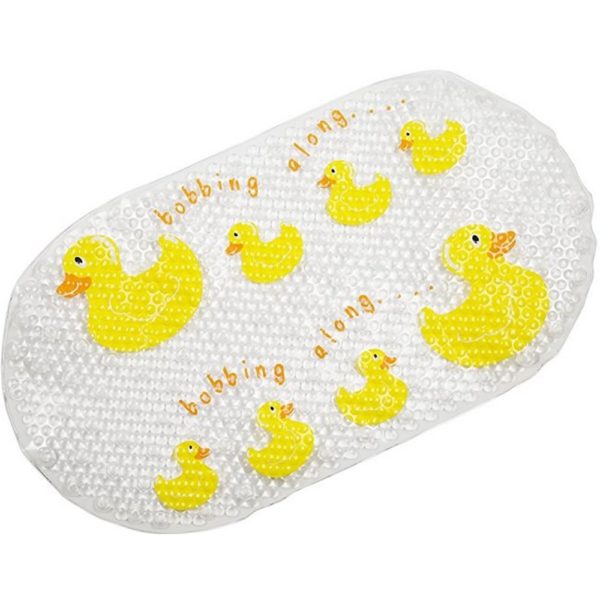 white, oval bath mat with 2 rows of cartoon rubber ducks facing opposite directions one above the other, above each row is orange writing that reads "bobbing along"
