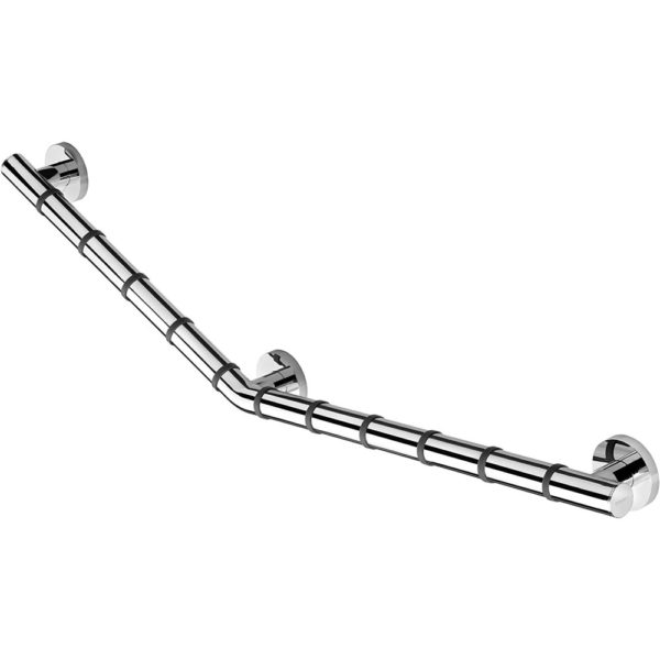 long angled chrome hand rail with 11 black rings across it for gripping purposes. It attaches to the wall in three places, one on each end and one in the centre where the rail is angled