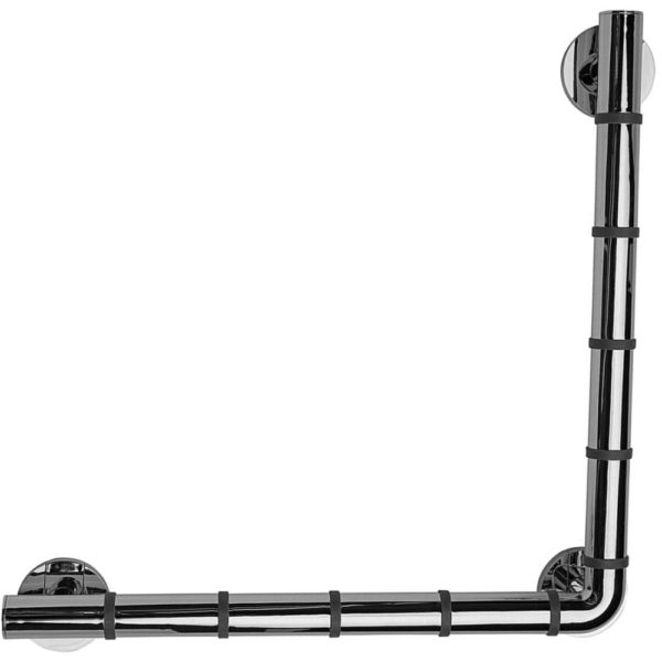 L-shaped chrome hand rail with 10 black rings across it for gripping purposes. It attaches to the wall in three places, one on each end and one in the centre where the rail is angled at a 90 degree angle