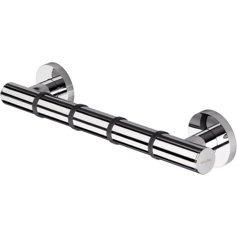 short, straight chrome hand rail with 4 black rings across it for gripping purposes