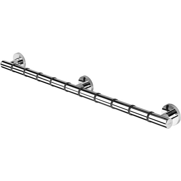 long straight chrome hand rail with 10 black rings across it for gripping purposes. It attaches to the wall in three places, one on each end and one in the centre.