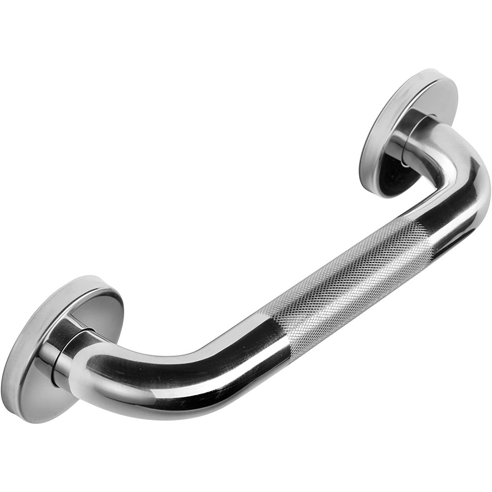 short, chrome, straight hand rail. In the centre of the rail, is a section that has a hatched, textured surface to help with grip