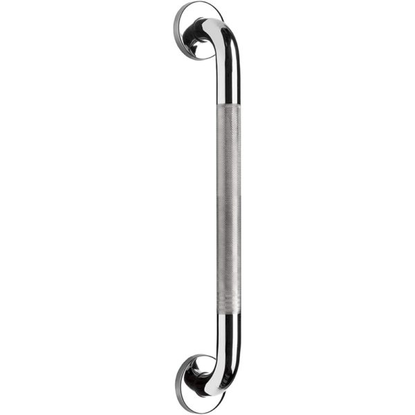 chrome, straight hand rail. In the centre of the rail, is a section that has a hatched, textured surface to help with grip