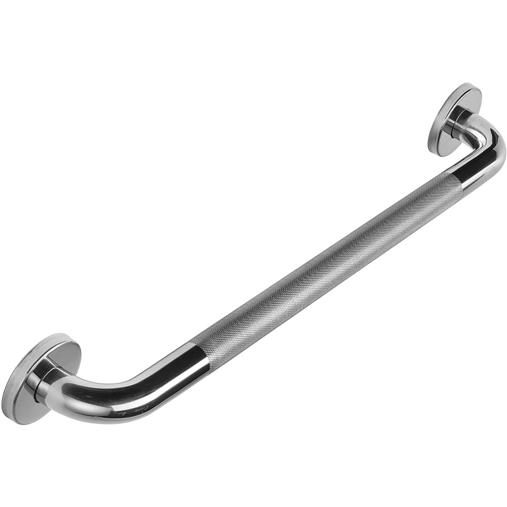 long chrome, straight hand rail. In the centre of the rail, is a section that has a hatched, textured surface to help with grip