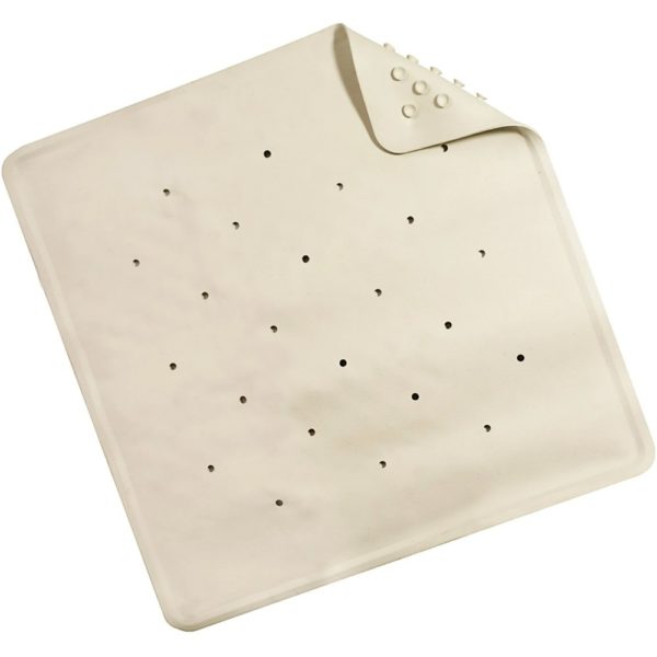 a plain white, square shower mat with a corner folded over to show the suction cups underneath