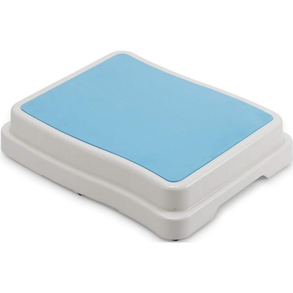rectangular white bath step with a blue surface on the top