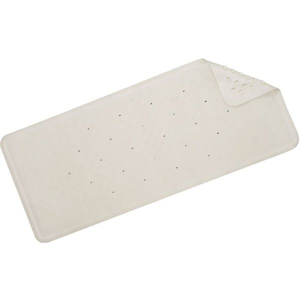a plain white, rectangular bath mat with a corner folded over to show the suction cups underneath