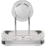 clear soap dish on a chrome plated wire holder with a round wall attachment for fixing purposes