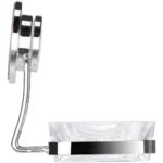 clear soap dish on a chrome plated wire holder with a round wall attachment for fixing purposes