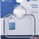 rectangular chrome plated towel ring with round wall attachment for fixingi. it is in blue and white packaging
