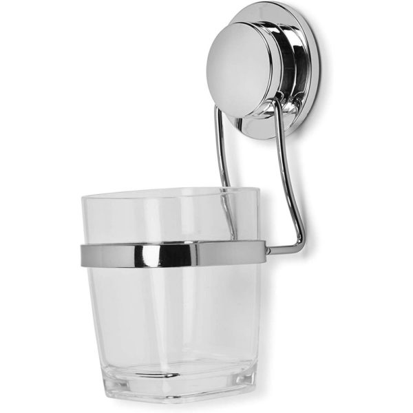 clear tumbler with a chrome plated wire holder with round wall attachment for fixing