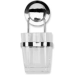 front facing view of clear tumbler with a chrome plated wire holder with round wall attachment for fixing