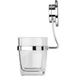 side view of clear tumbler with a chrome plated wire holder with round wall attachment for fixing