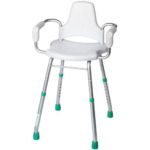 white plastic seat with arm rests. tehe frame is steel with green rubber feet