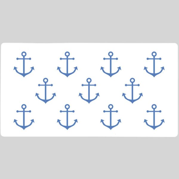 white, rectangular bath mat with repeating simple blue anchor pattern on a grey background