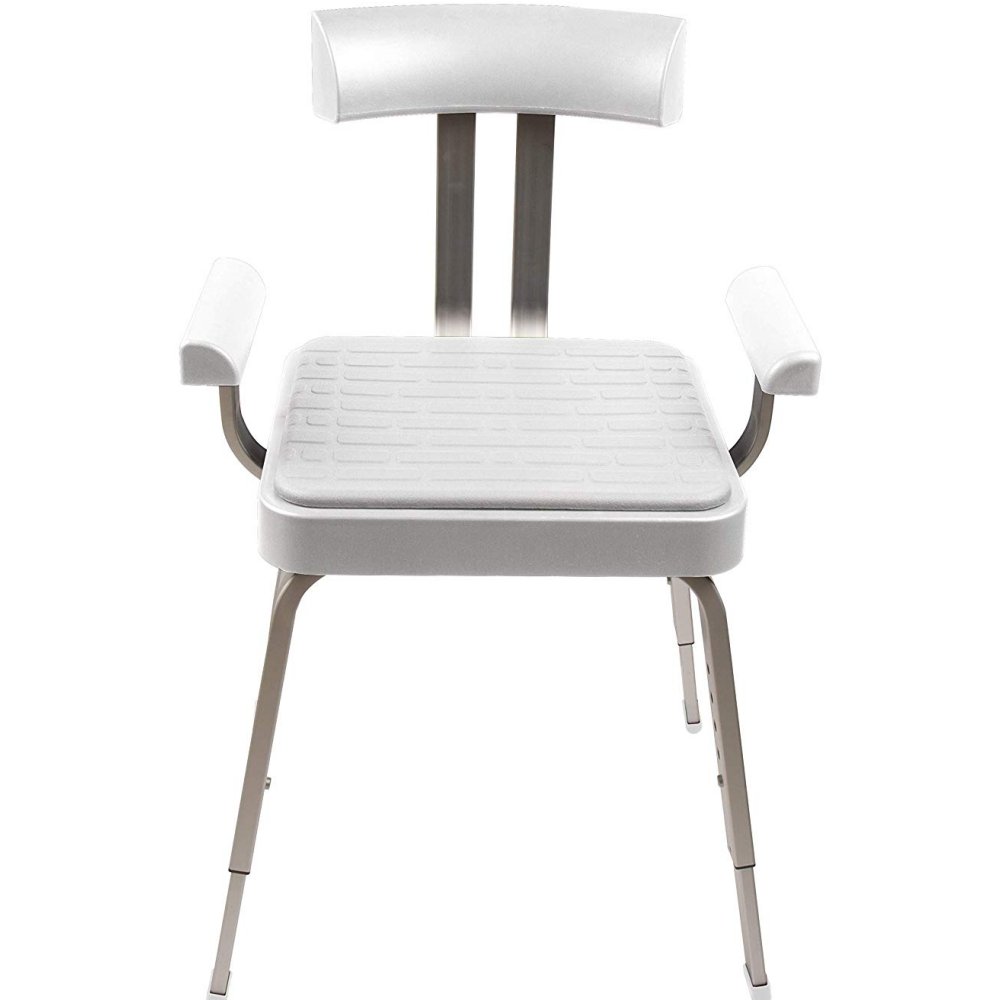 shower chair with a square cushion, padded armrests and a rectangular padded backrest attached via two long strips. the frame is crhome and the padded sections are white.