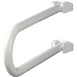 white support rail curved round so it would stick out and loop back to the wall, the fittings above each other vertically