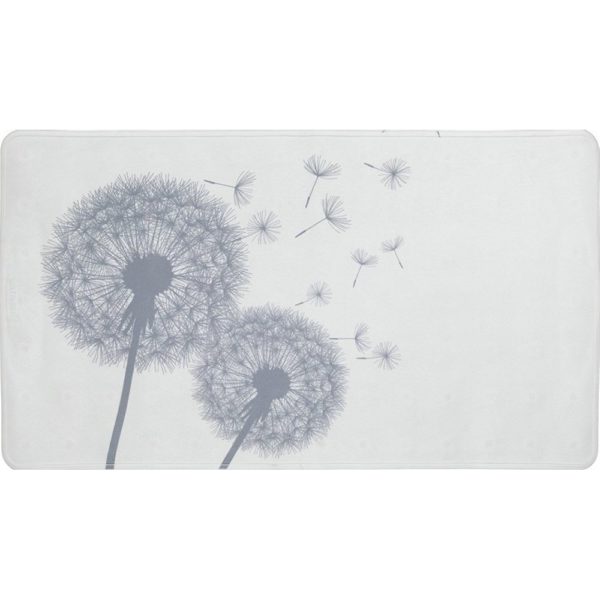 a white, rectangular bath mat with grey silhouettes of two dandelion clocks with a few seeds being scattered