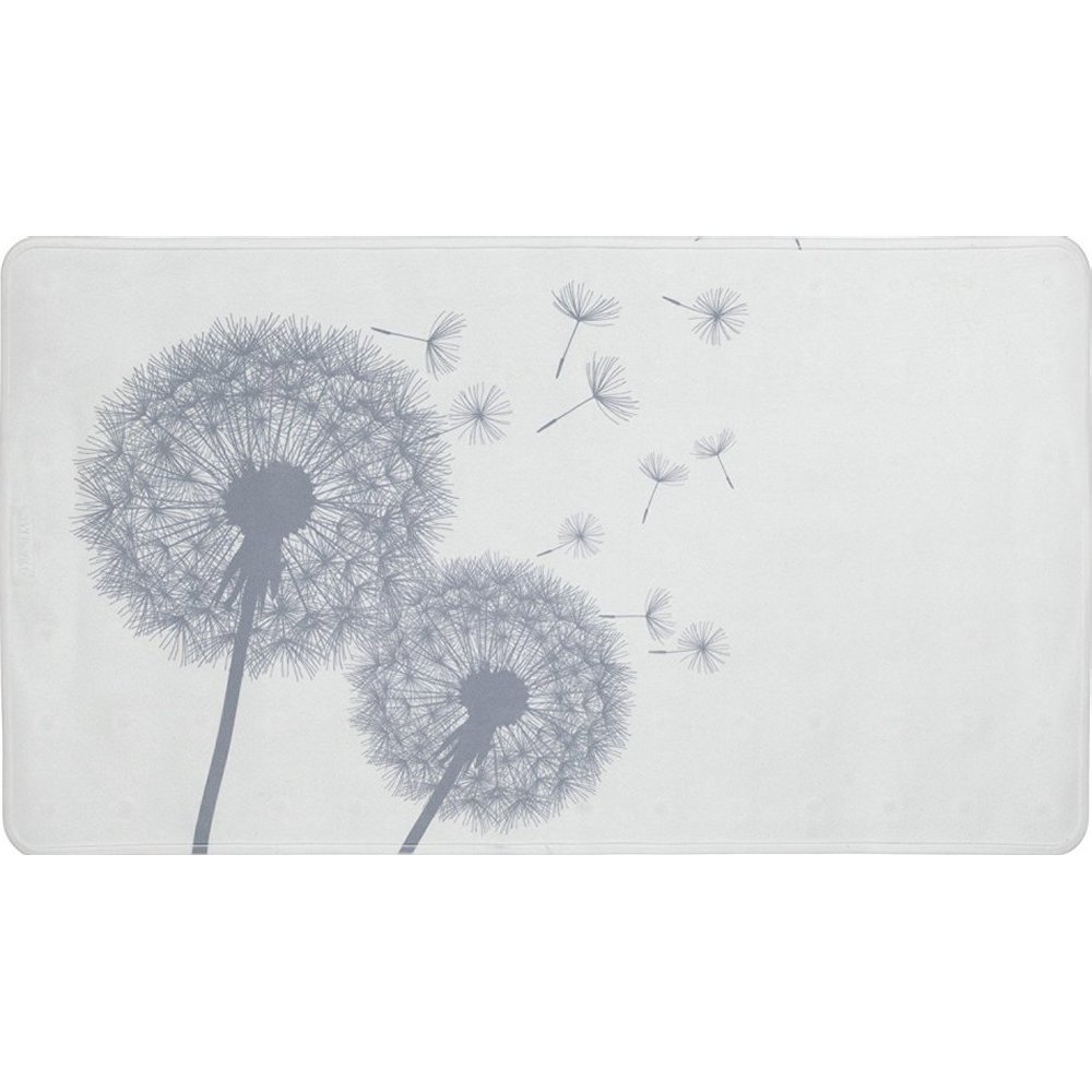 a white, rectangular bath mat with grey silhouettes of two dandelion clocks with a few seeds being scattered