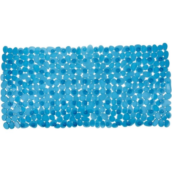 rectangular, plastic bath mat composed of petrol blue pebble shapes
