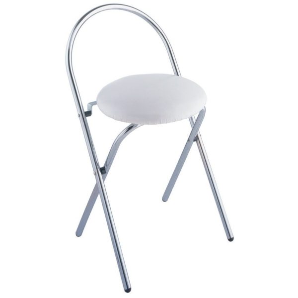 foldable chair with a round white cushion seat and a chrome frame,